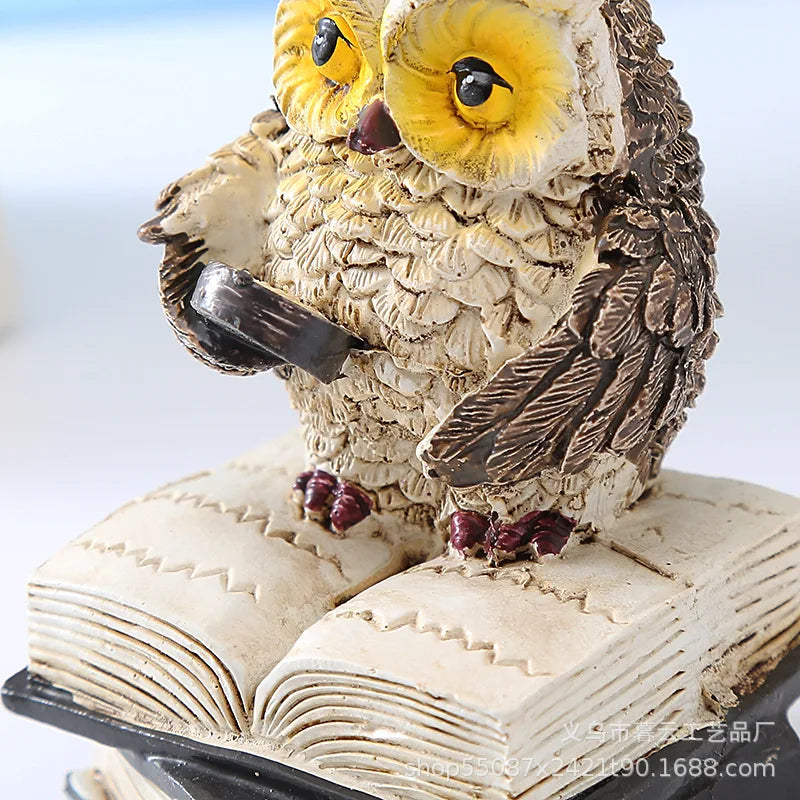 2Pcs/Set Owl Statue Cartoon Realistic Resin Reading Book Owl Figurine Cute Crafted Statue Home Decor Animal Sculpture